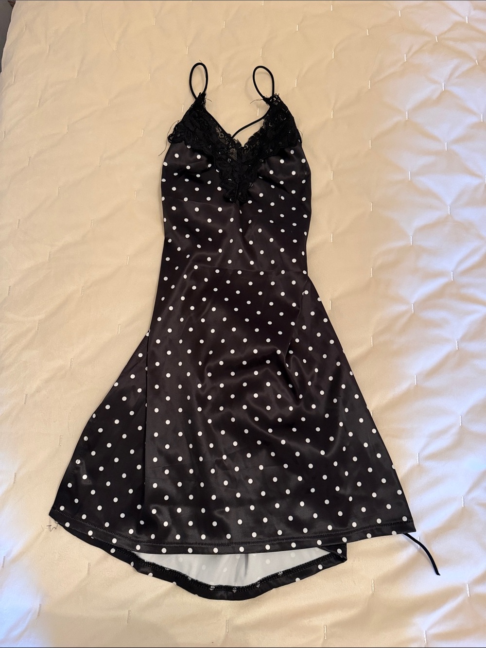 Edikted Black Polka Dot Slip Dress with Lace Trim